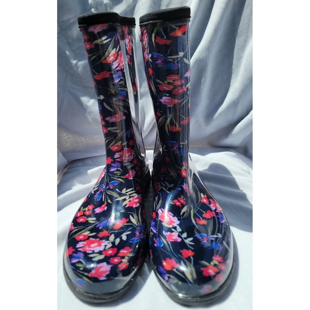 Sloggers Womens 11 Floral Rain Boots Navy Blue Waterproof Garden Mid Calf USA